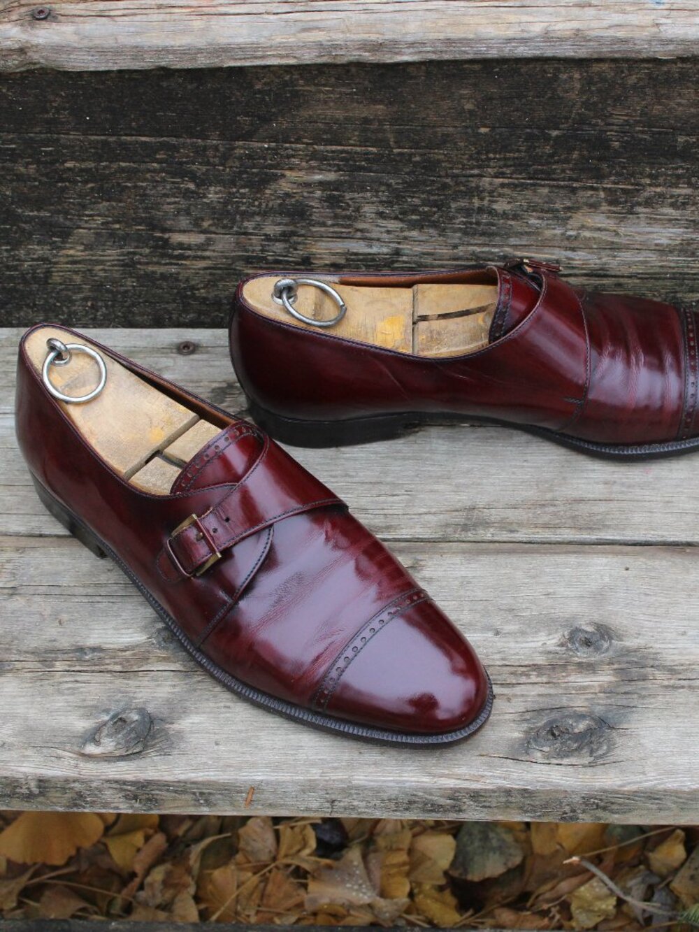 Ferragamo Burgundy Cap Toe Monk Strap, Men's 9.5 D, Made in Italy